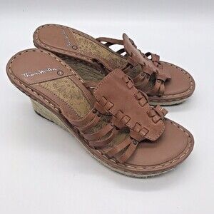 Thom McAn Women 7M Brown Leather Sandals Espadrille Wedge Open Toe Casual Heels